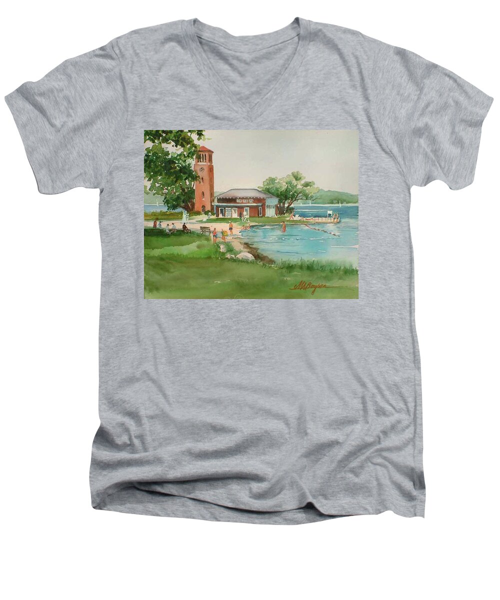 Chautauqua Institution Men's V-Neck T-Shirt featuring the painting Chautauqua Bell Tower and Beach by Maryann Boysen