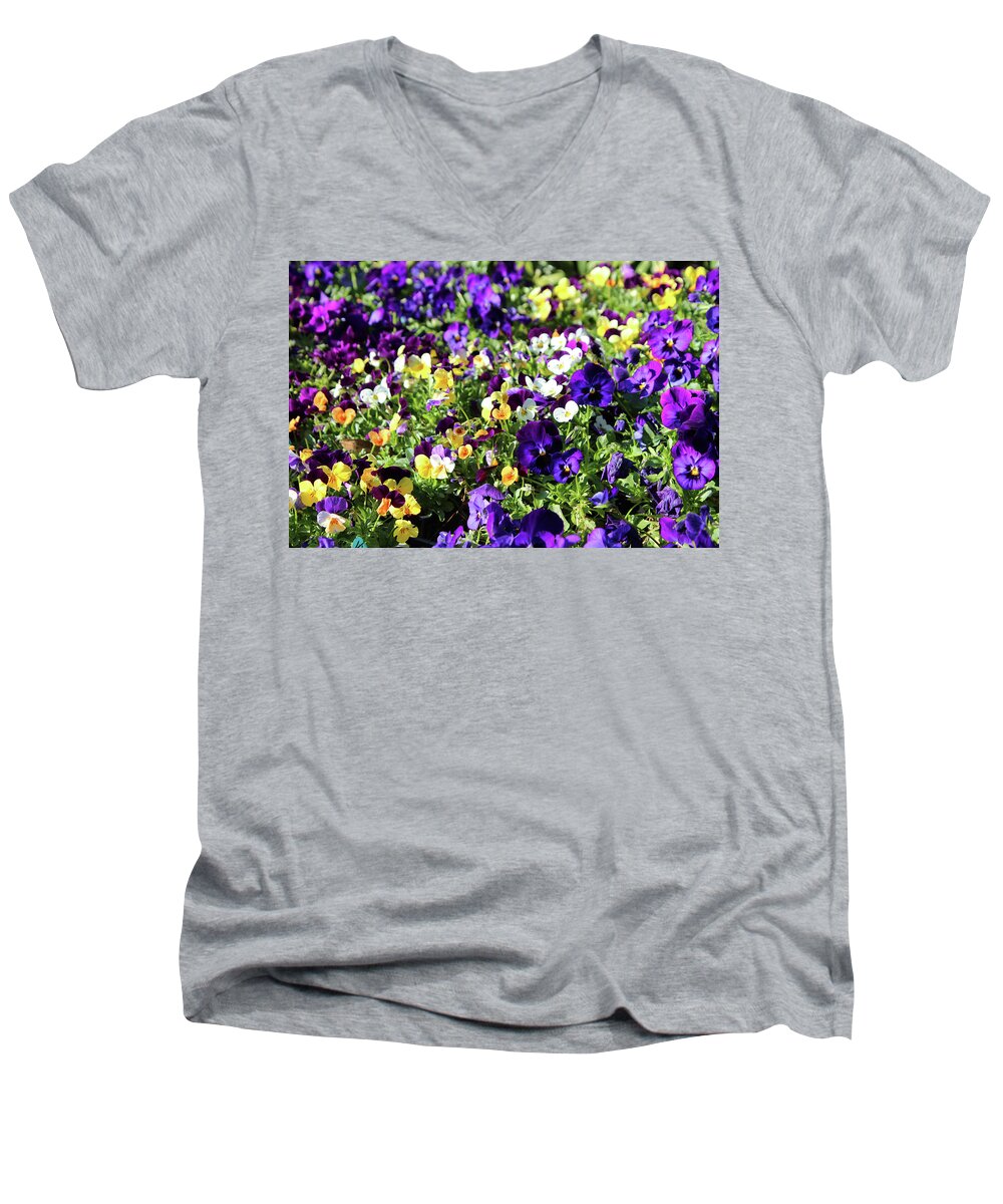 Pansies Men's V-Neck T-Shirt featuring the photograph Cheerful Pansies by Cynthia Guinn