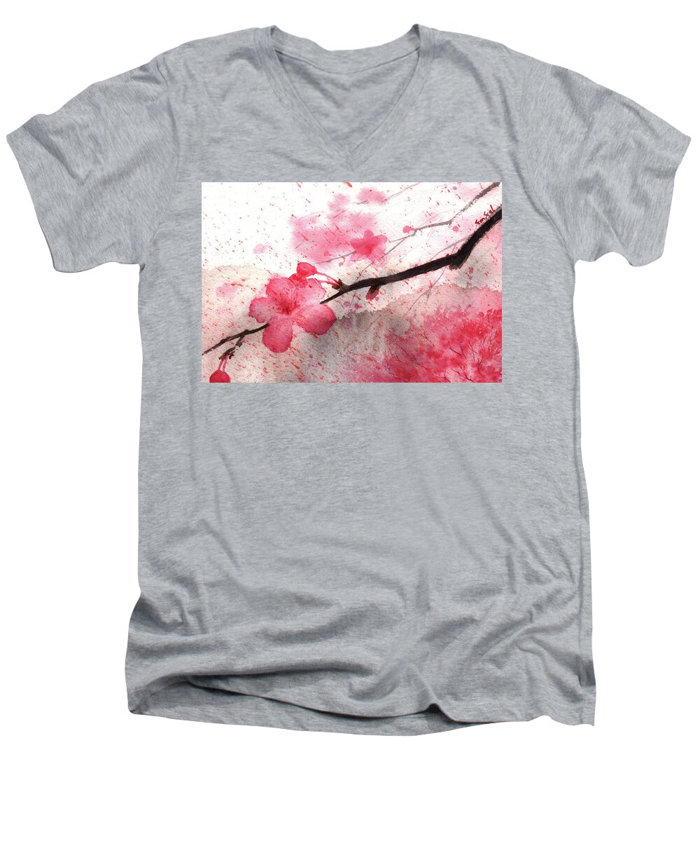 Cherry Blossom Men's V-Neck T-Shirt featuring the painting Cherry Blossoms 1 by Sean Seal