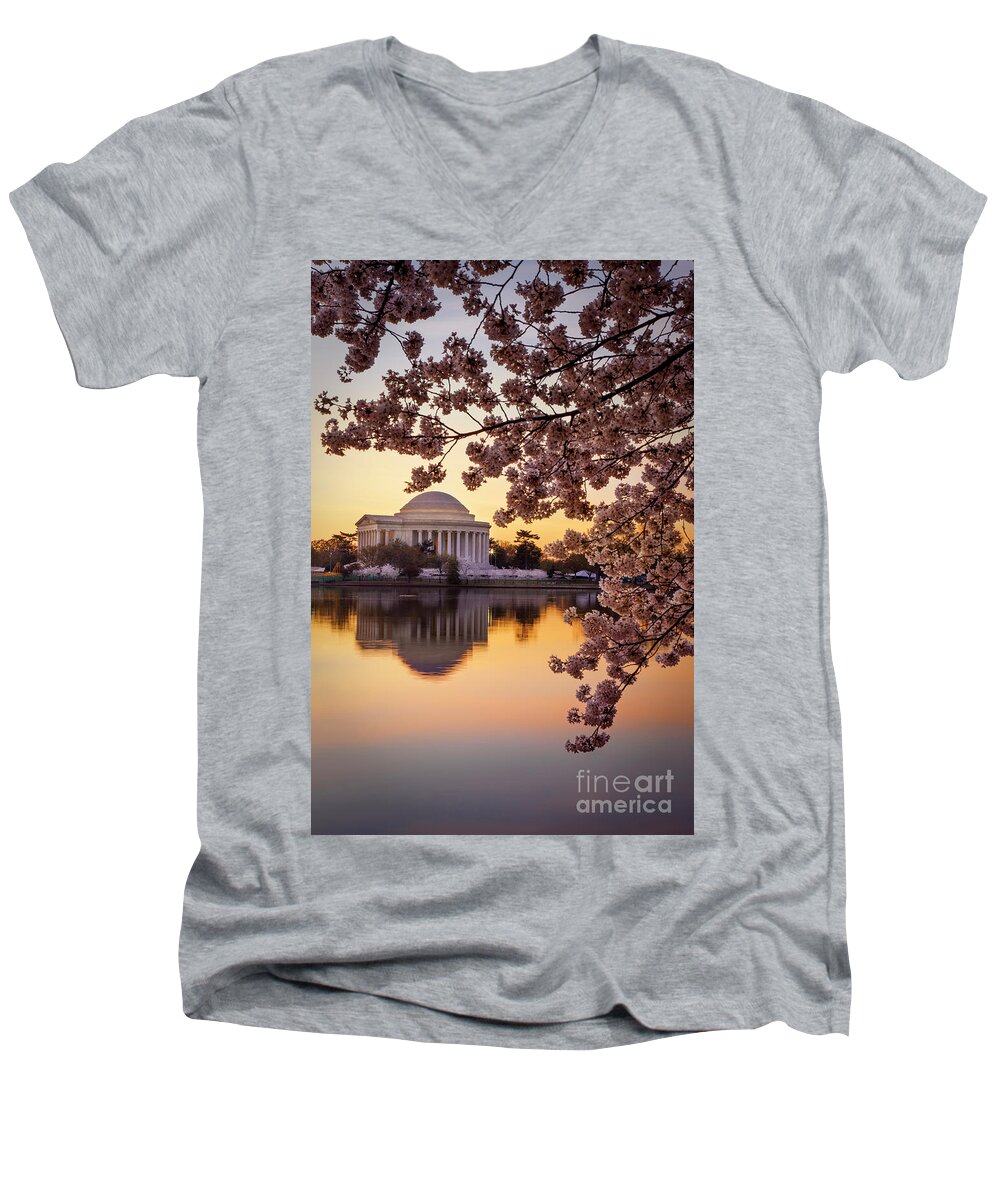 Washington Men's V-Neck T-Shirt featuring the photograph Cherry Blossoms at Jefferson Memorial by Brian Jannsen