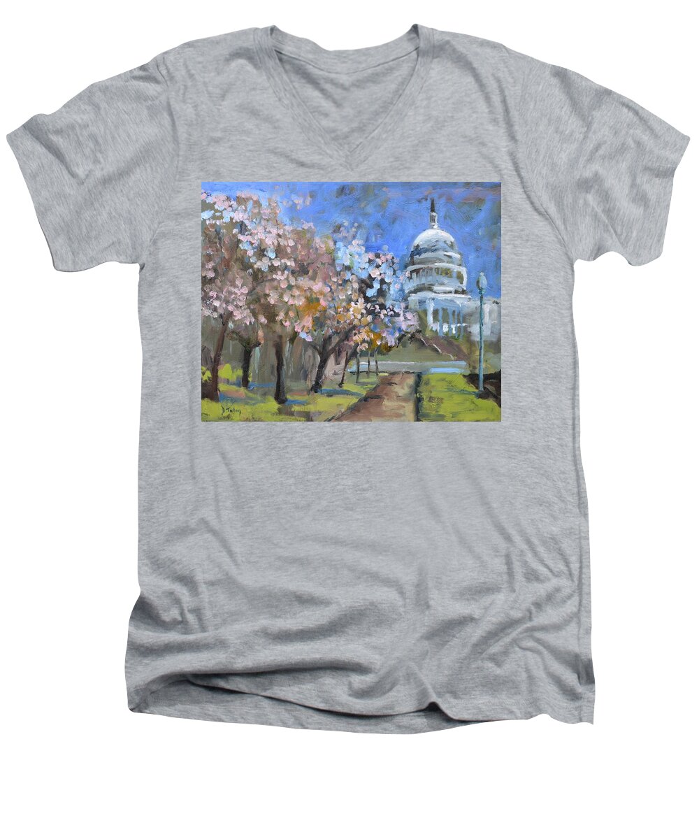 Capitol Men's V-Neck T-Shirt featuring the painting Cherry Tree Blossoms in Washington DC by Donna Tuten