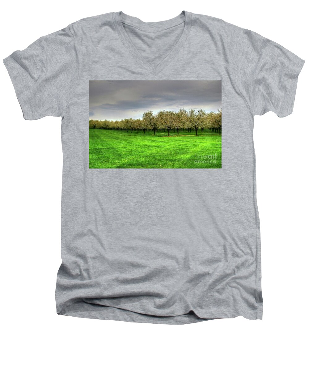 Cherry Men's V-Neck T-Shirt featuring the photograph Cherry Trees Forever by Randy Pollard