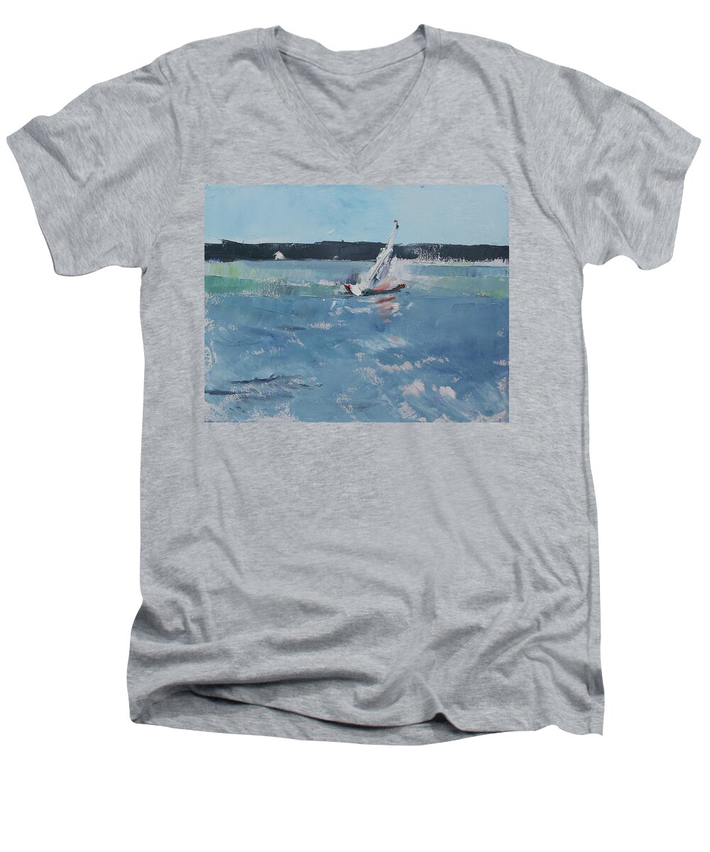 Winter Men's V-Neck T-Shirt featuring the painting Chesapeake bay sailing by Susan Bradbury