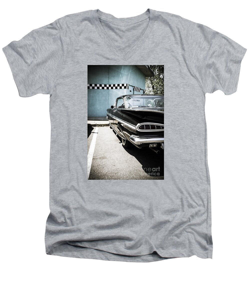 Chevrolet Impala Men's V-Neck T-Shirt featuring the digital art Chevrolet Impala in front of american diner by Perry Van Munster