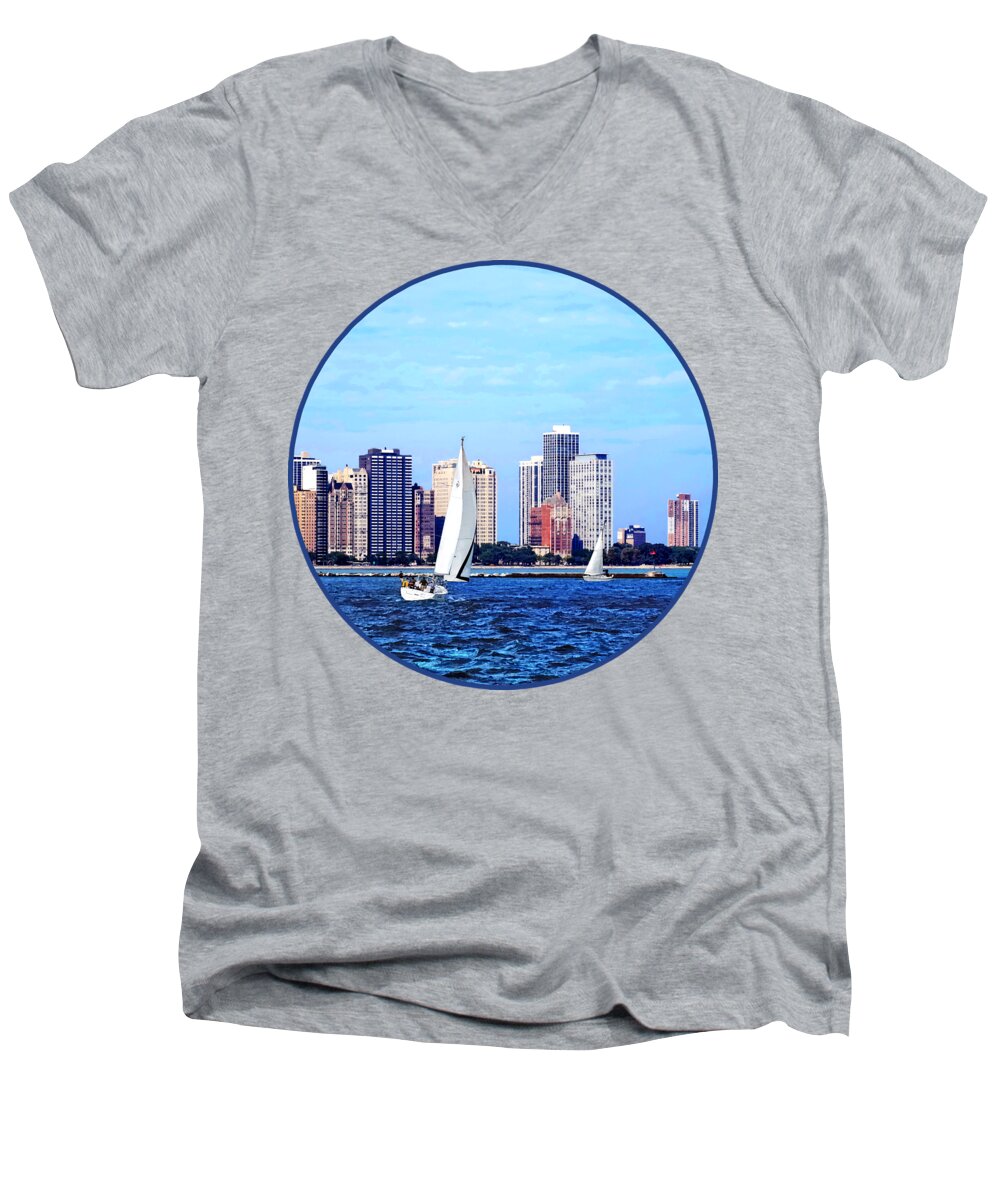 Chicago Men's V-Neck T-Shirt featuring the photograph Chicago IL - Two Sailboats Against Chicago Skyline by Susan Savad