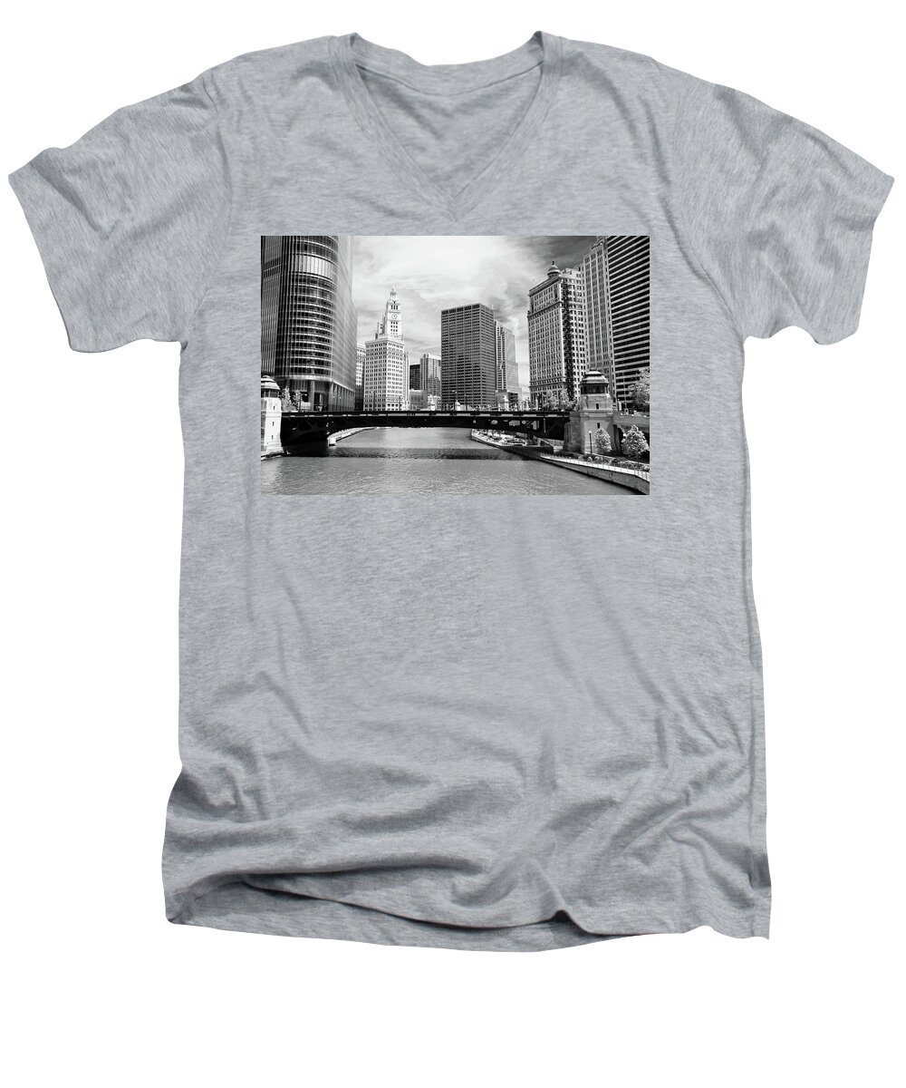 Bridge Men's V-Neck T-Shirt featuring the photograph Chicago River Buildings Skyline by Paul Velgos