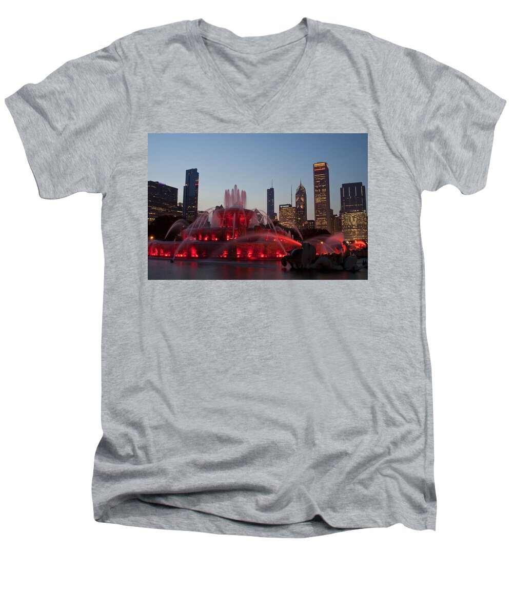 Chicago Men's V-Neck T-Shirt featuring the photograph Chicago Skyline and Buckingham Fountain by Sven Brogren