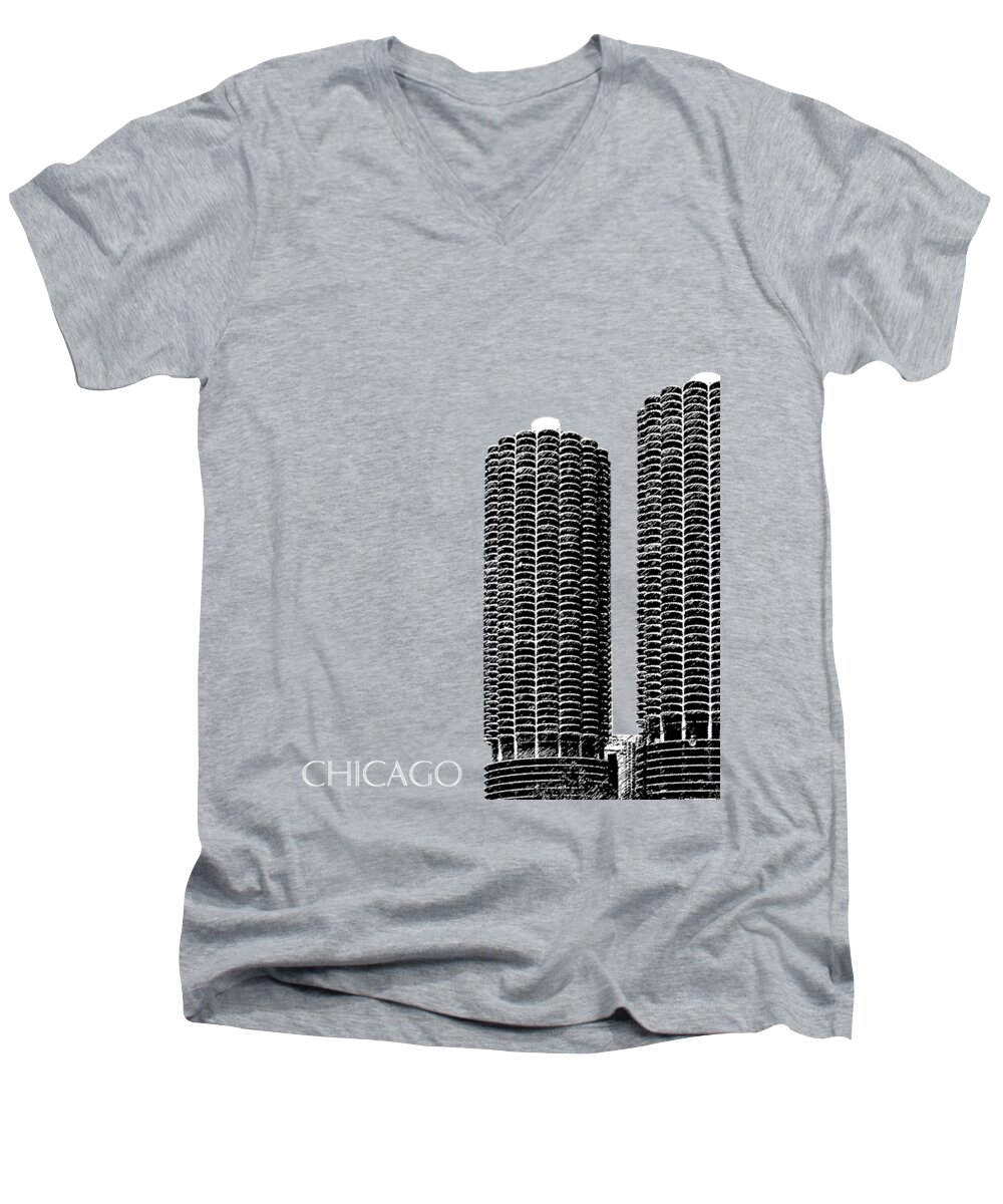 Architecture Men's V-Neck T-Shirt featuring the digital art Chicago Skyline Marina Towers - Teal by DB Artist