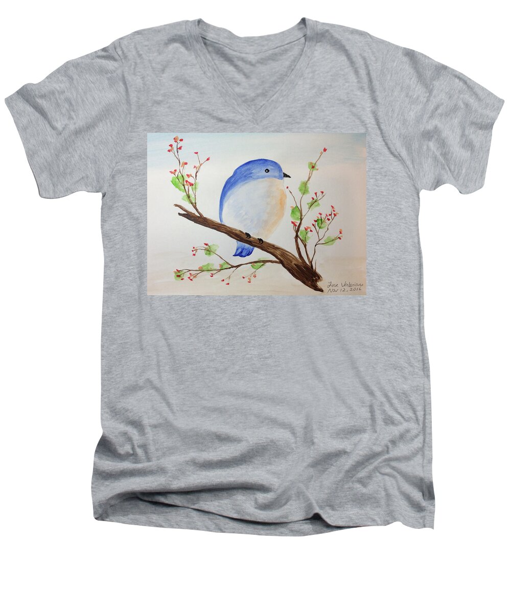 Watercolor Men's V-Neck T-Shirt featuring the painting Chickadee on a branch with leaves by Martin Valeriano