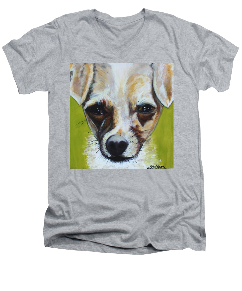 Dogs Art Men's V-Neck T-Shirt featuring the painting Chihuahua Mix- Roxie by Laura Grisham