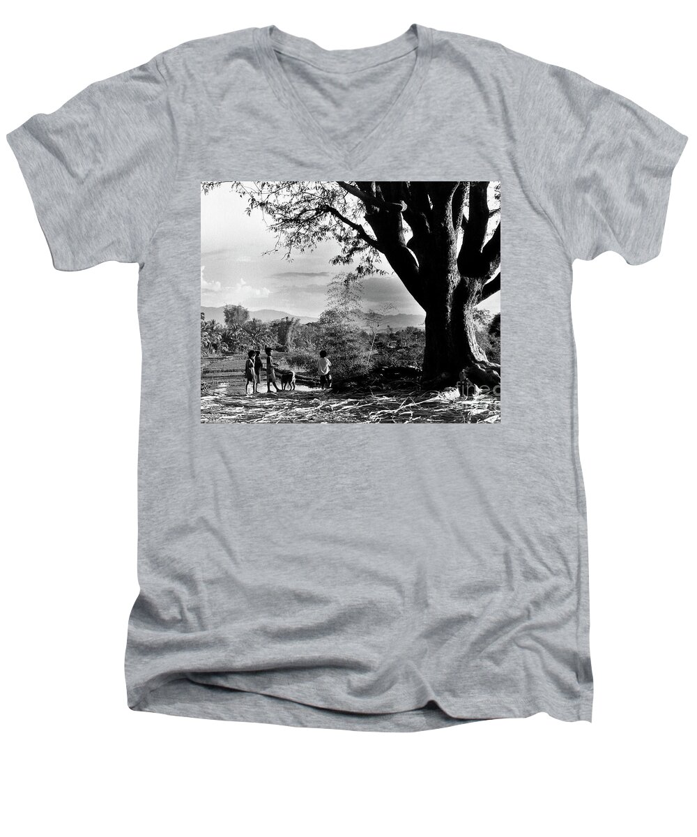 Landscape Men's V-Neck T-Shirt featuring the photograph Children of Central Highland are playing with a dog by Silva Wischeropp