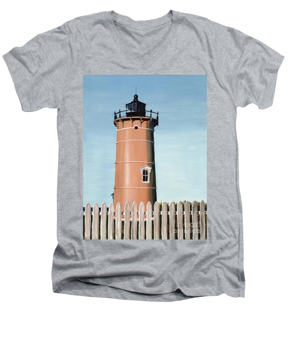 Lighthouse Men's V-Neck T-Shirt featuring the painting Chocolate Lighthouse by Mary Rogers
