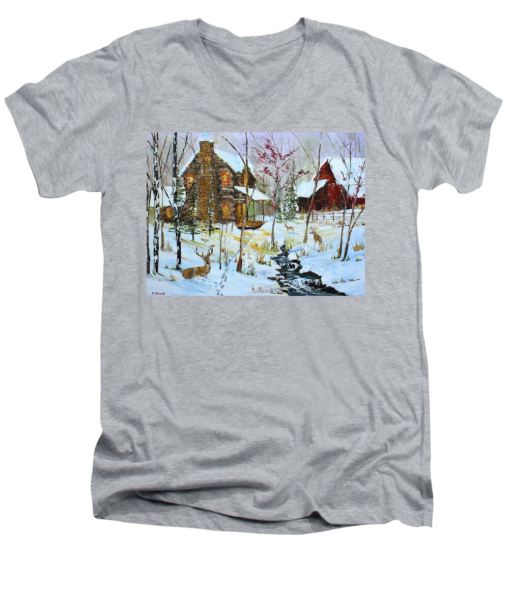 City Paintings Men's V-Neck T-Shirt featuring the painting Christmas Cabin by Kevin Brown