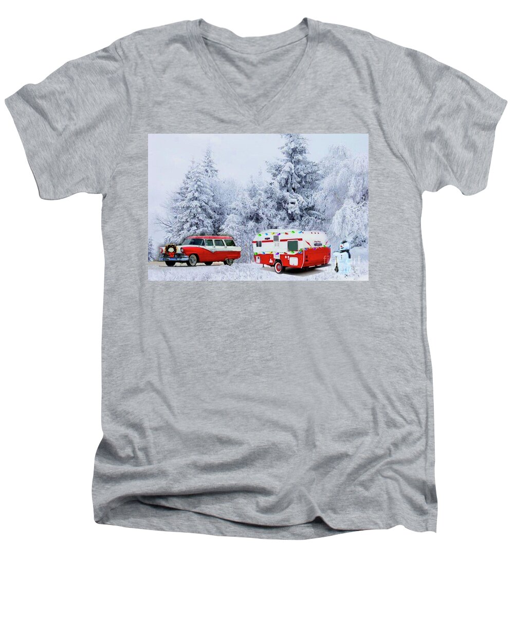 1956 Ford Stationwagon Men's V-Neck T-Shirt featuring the digital art Christmas in the Fifties by Janette Boyd