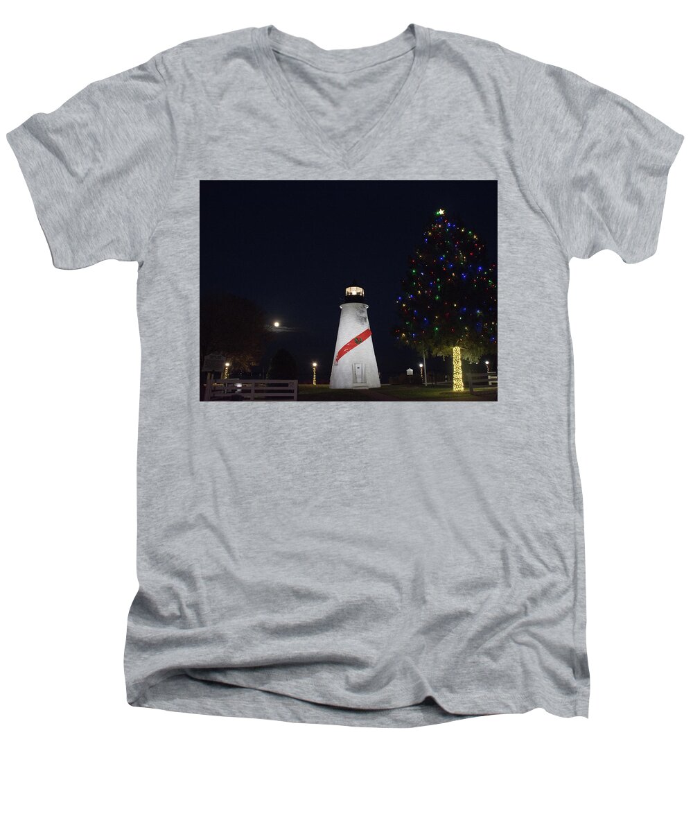 Lighthouse Men's V-Neck T-Shirt featuring the photograph Christmas Lighthouse by Gary Wightman