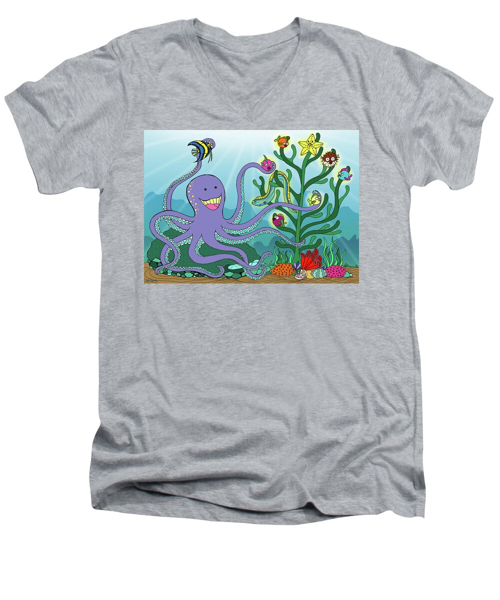 Octopus Men's V-Neck T-Shirt featuring the mixed media Christmas With The Octopus by Shawna Rowe