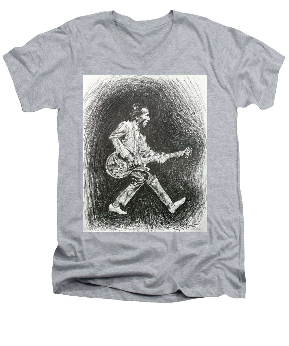 Chuck Berry Men's V-Neck T-Shirt featuring the drawing Chuck Berry by Michael Morgan