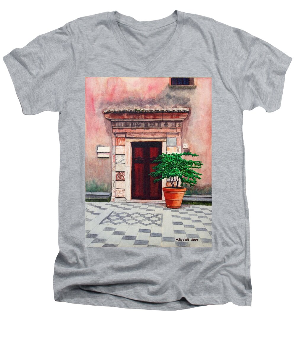 Church Men's V-Neck T-Shirt featuring the painting Church Side Door - Taormina Sicily by Mike Robles