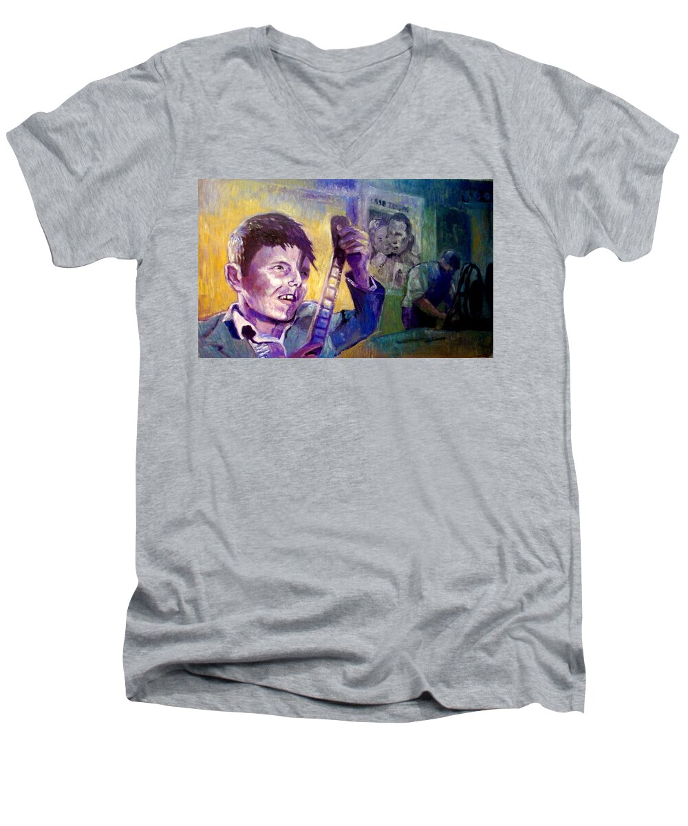 Movie Men's V-Neck T-Shirt featuring the painting Cinema Paradiso by Paul Weerasekera
