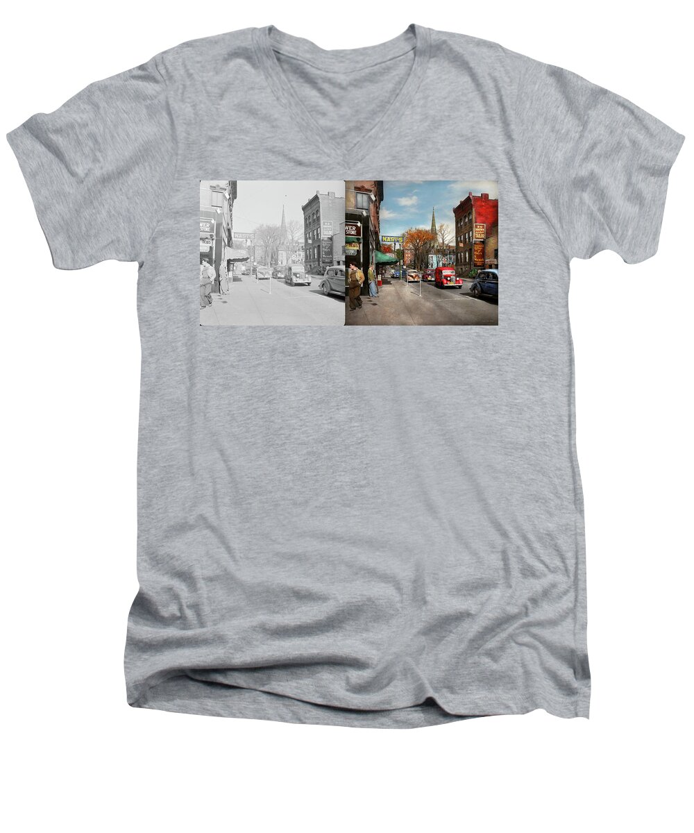 Amsterdam Men's V-Neck T-Shirt featuring the photograph City - Amsterdam NY - Downtown Amsterdam 1941- Side by Side by Mike Savad