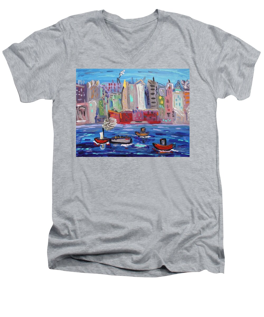 Boats Men's V-Neck T-Shirt featuring the painting City City City by Mary Carol Williams