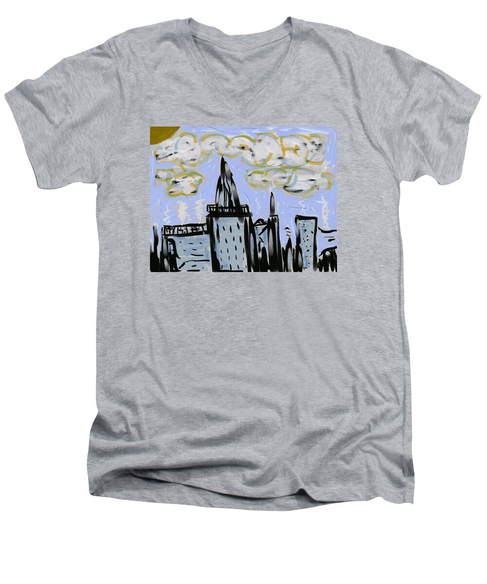 Cityscape Men's V-Neck T-Shirt featuring the digital art City in Blue by Dan Twyman