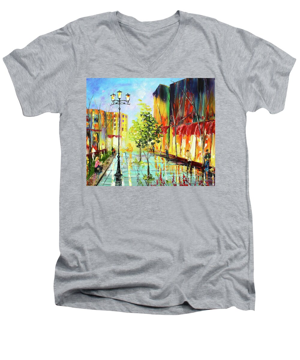 Caribbean House Men's V-Neck T-Shirt featuring the painting City Street by Kevin Brown
