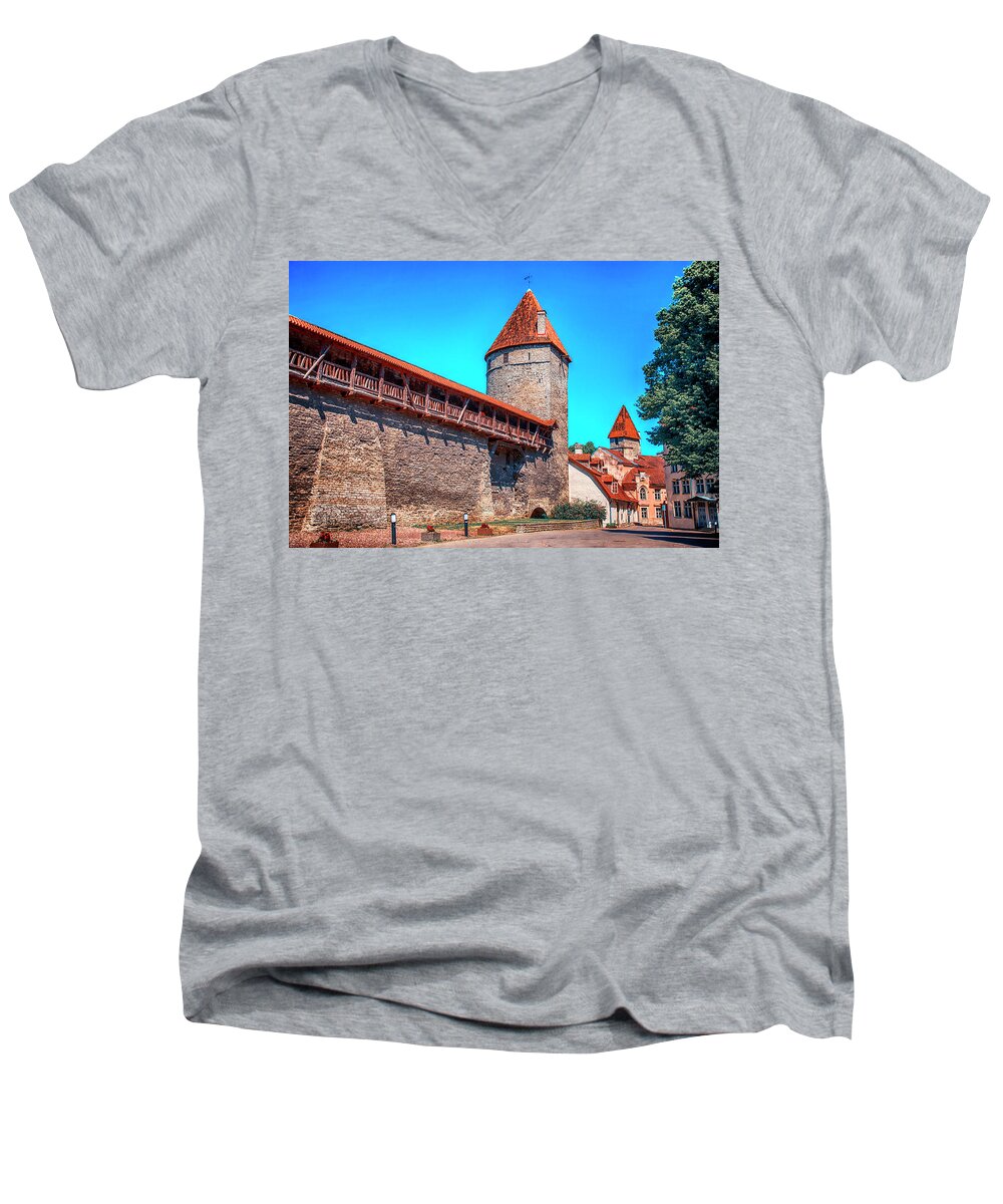 City Wall; Wall; Tallinn; Estonia; Medieval; Tower; Middle Ages; Europe; Baltic States; Baltic Sea; Baltic Men's V-Neck T-Shirt featuring the photograph City Wall by Mick Burkey