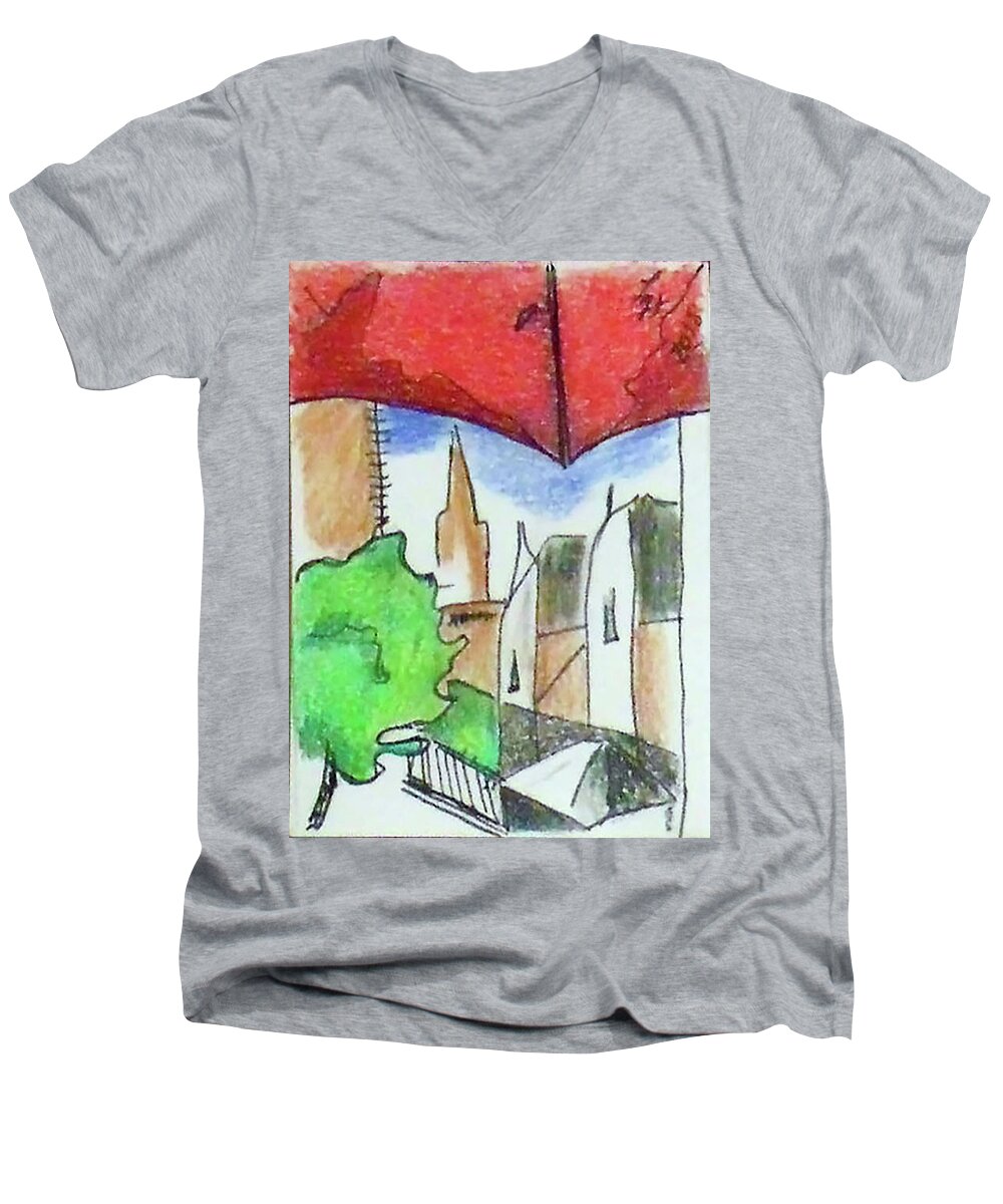  Men's V-Neck T-Shirt featuring the drawing Cityscape 963 by Loretta Nash