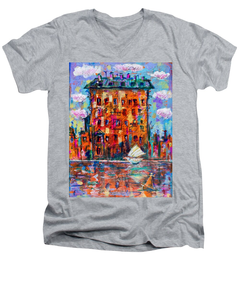 City Men's V-Neck T-Shirt featuring the painting Cityscape with a sailing boat by Maxim Komissarchik