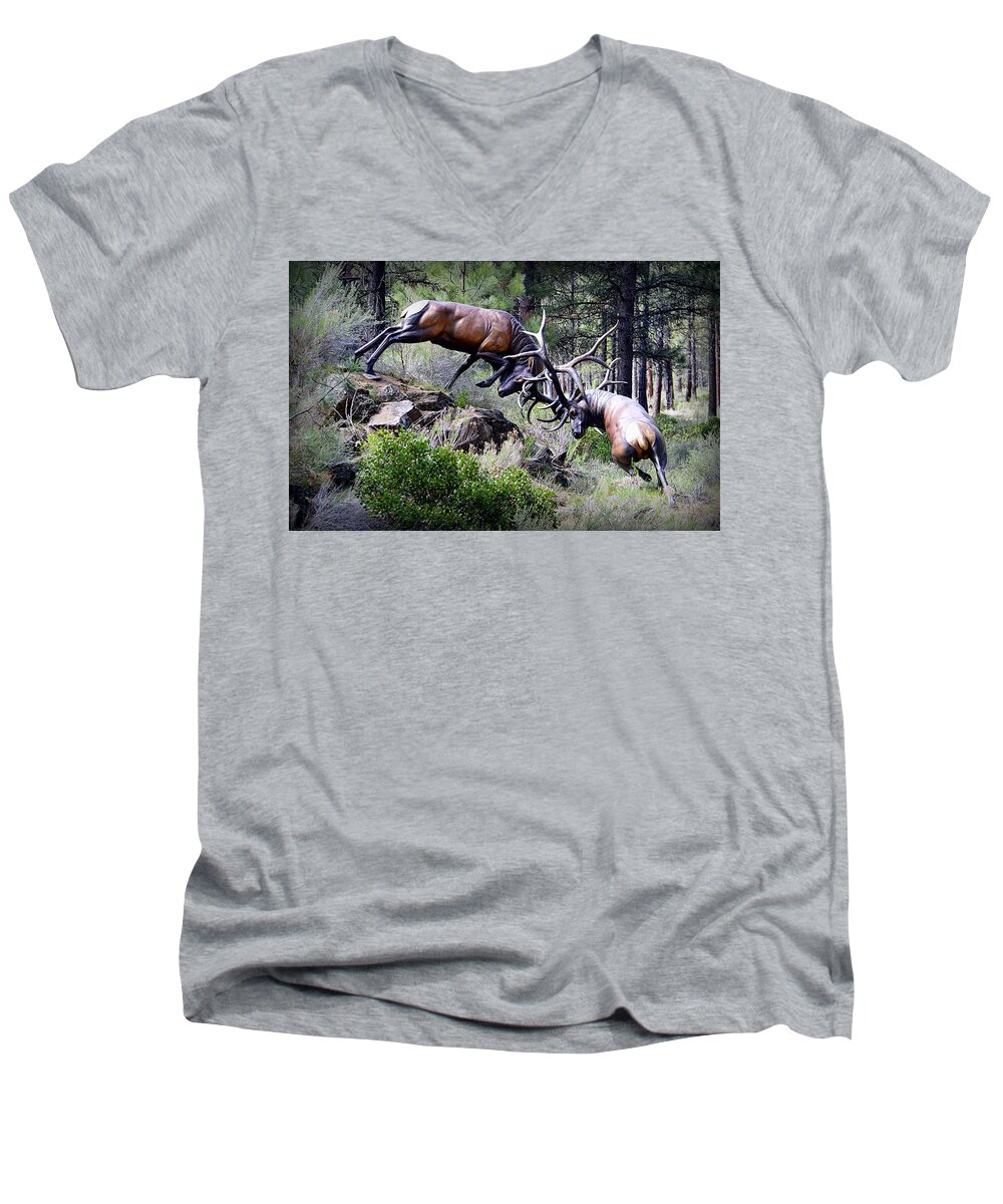 Animals Men's V-Neck T-Shirt featuring the photograph Clash of the Titans by AJ Schibig