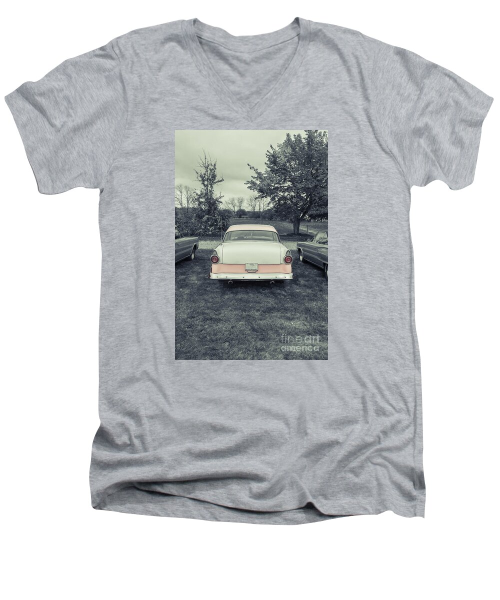 Vintage Men's V-Neck T-Shirt featuring the photograph Classic Two Tone Pink Car Parked by Edward Fielding