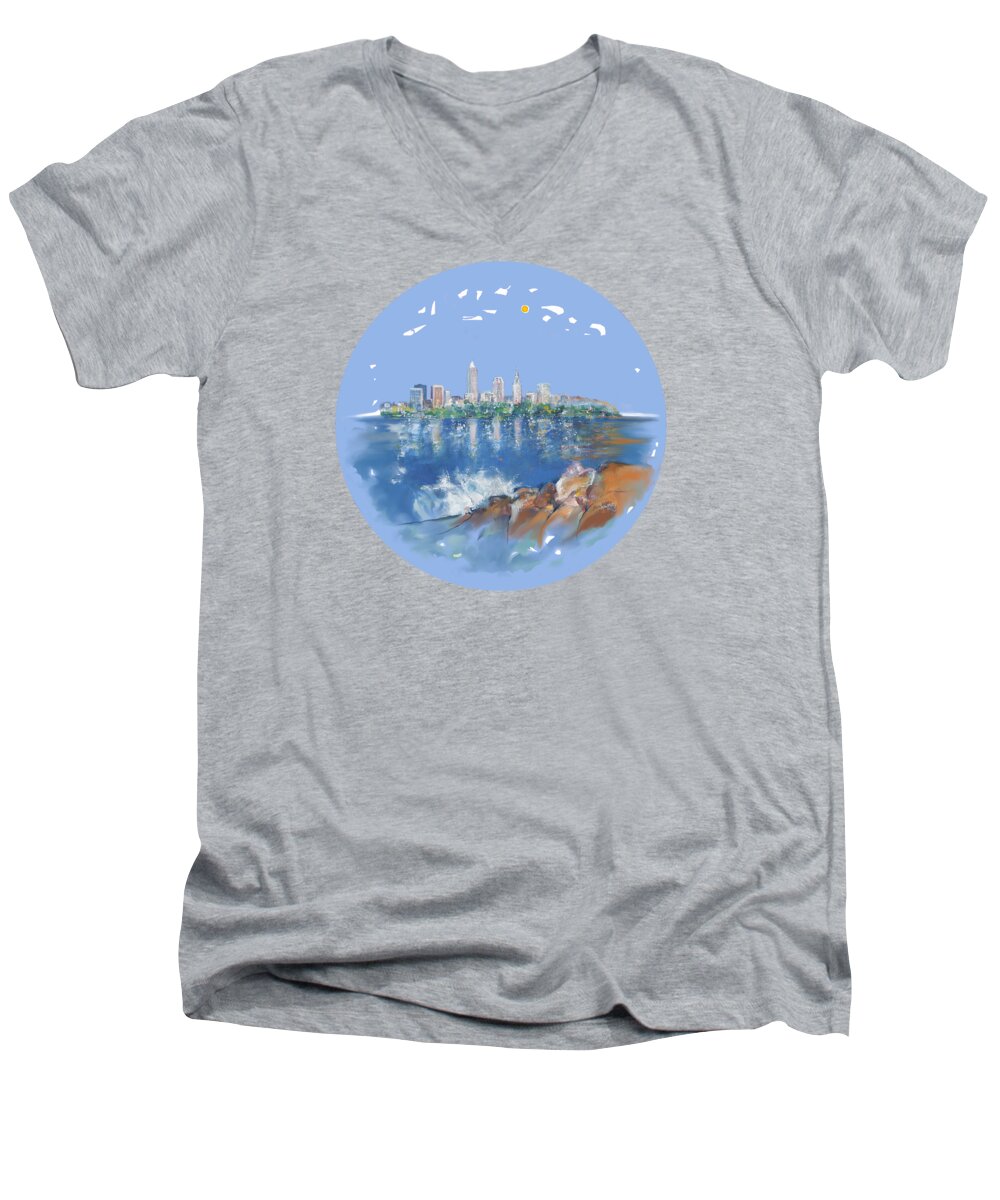 Cleveland Men's V-Neck T-Shirt featuring the digital art Cleveland skyline plate by Mary Armstrong