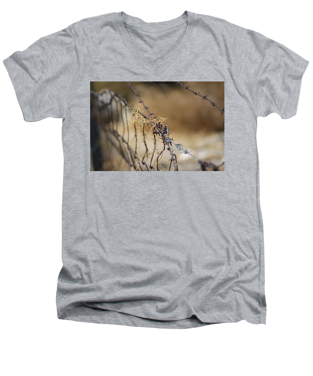 Golden Men's V-Neck T-Shirt featuring the photograph Closeup of Barbed Wire and Dried Vines in Tawny by Colleen Cornelius