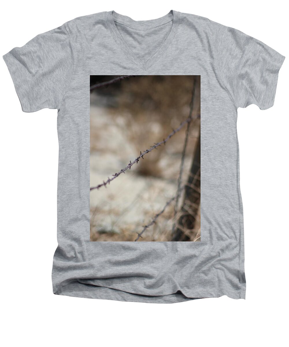 Golden Men's V-Neck T-Shirt featuring the photograph Closeup of Barbed Wire Fence - Portrait by Colleen Cornelius