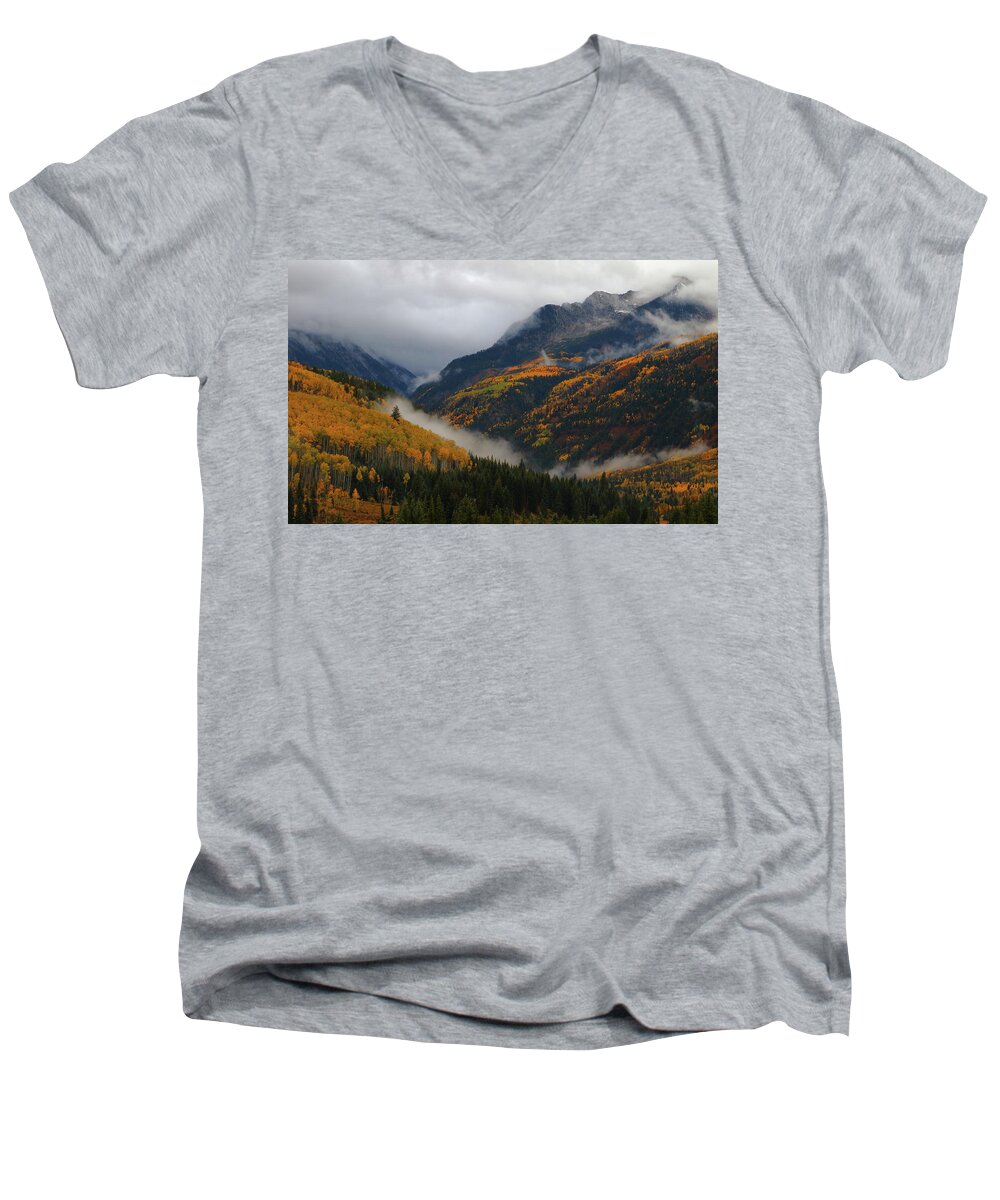 Autumn Men's V-Neck T-Shirt featuring the photograph Clouds and fog encompass autumn at McClure Pass in Colorado by Jetson Nguyen