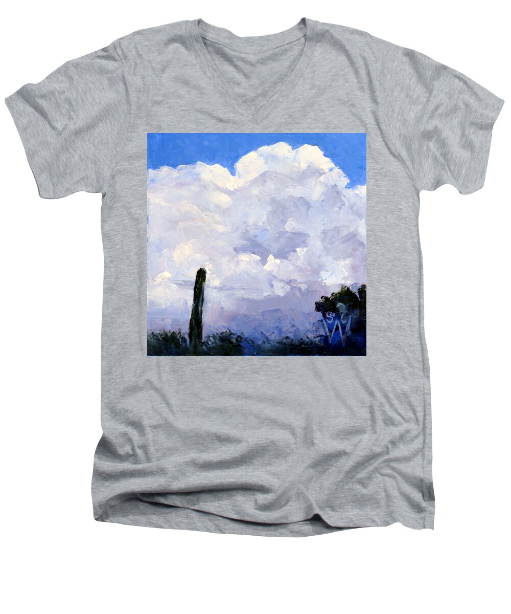 Oil Painting Men's V-Neck T-Shirt featuring the painting Clouds Building by Susan Woodward