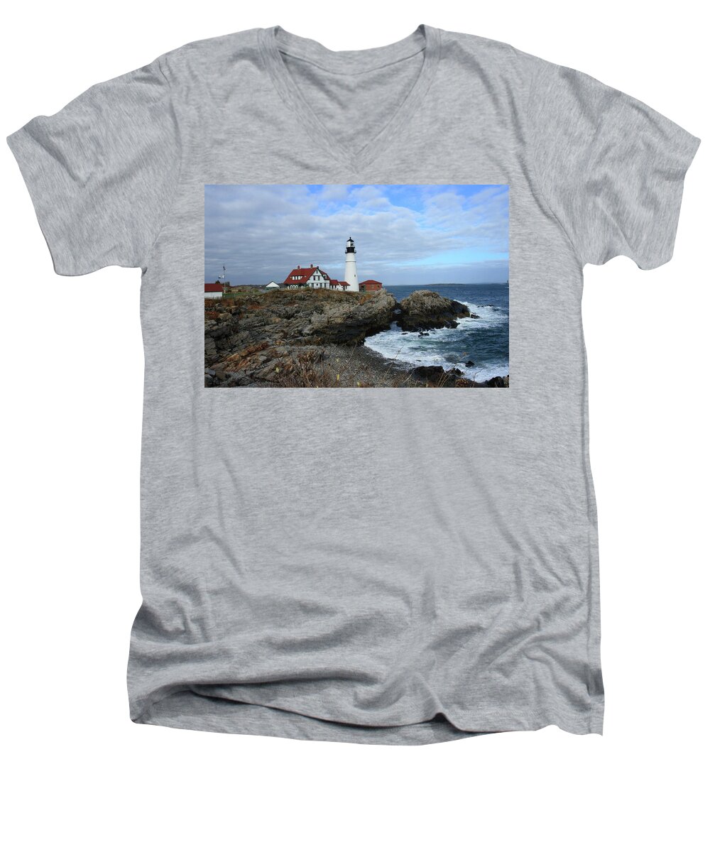 Clouds Men's V-Neck T-Shirt featuring the photograph Clouds over Portland Head Lighthouse by Lou Ford