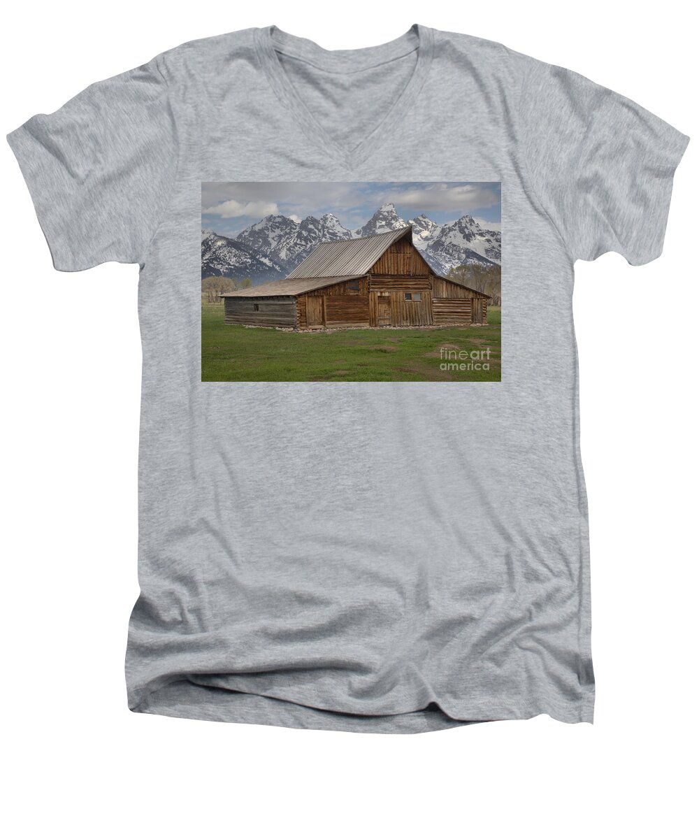 Moulton Barn Men's V-Neck T-Shirt featuring the photograph Cloudy Day At The Moulton Barn by Adam Jewell