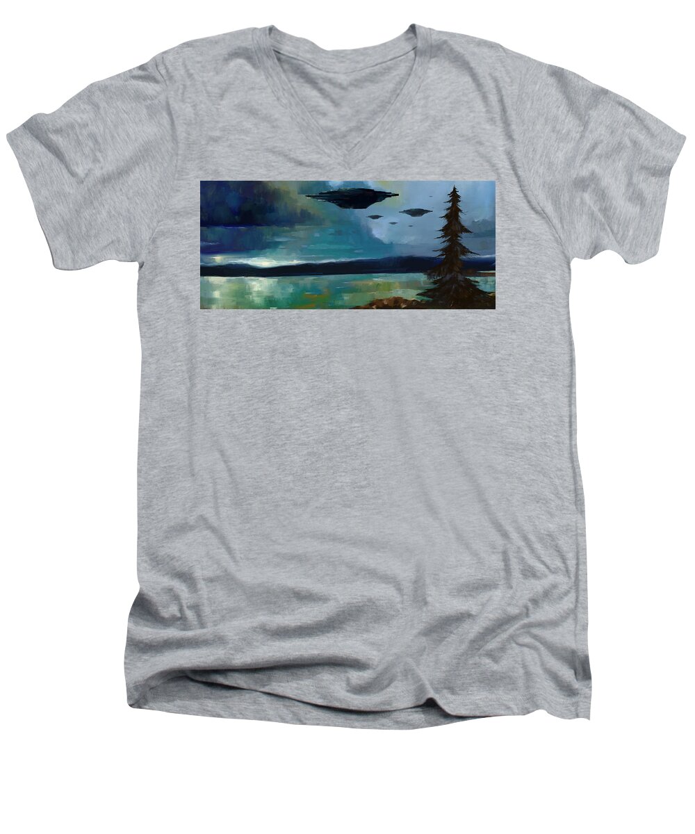 Landscape Men's V-Neck T-Shirt featuring the painting Cloudy Skies by Arie Van der Wijst