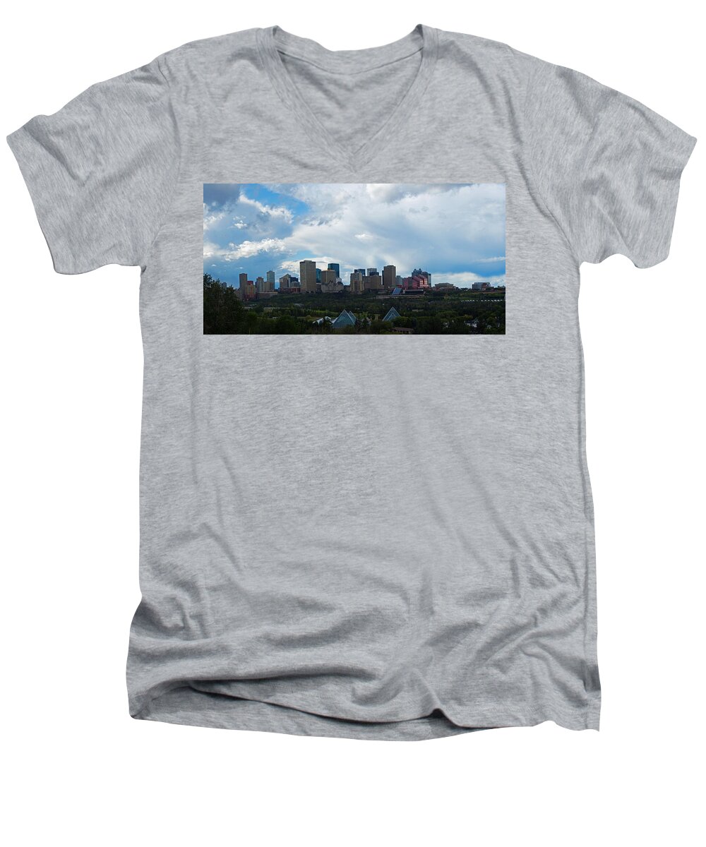 Panorama Men's V-Neck T-Shirt featuring the photograph Cloudy Skyline Edmonton by David Kleinsasser