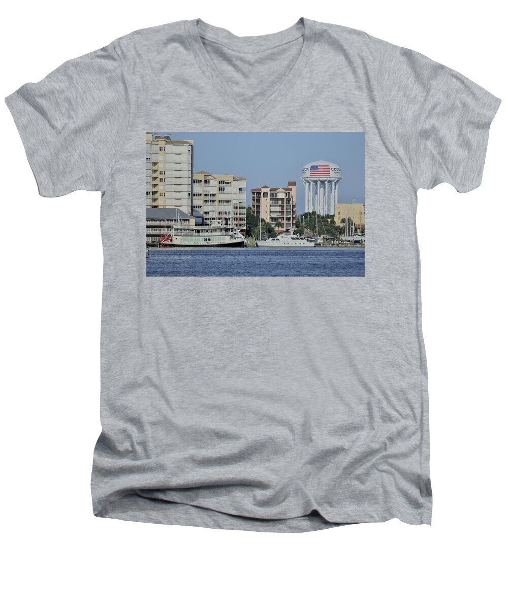 Cocoa Men's V-Neck T-Shirt featuring the photograph Cocoa Village Marina and surroundings from the Indian River by Bradford Martin