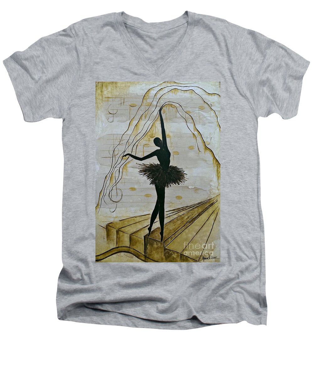 Ballerina Men's V-Neck T-Shirt featuring the painting Coffee Ballerina by Amalia Suruceanu