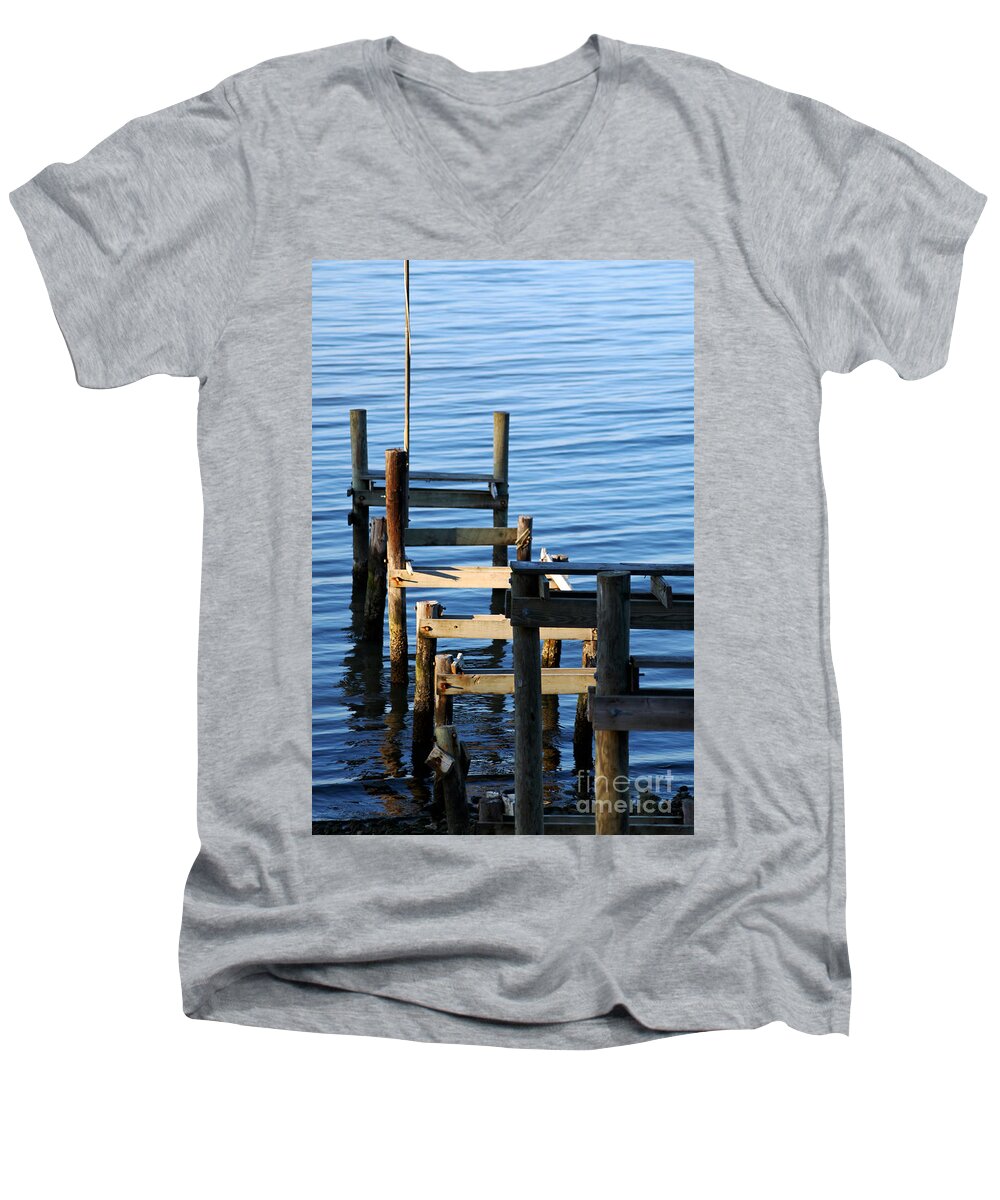 Clay Men's V-Neck T-Shirt featuring the photograph Colonial Beach Pilings by Clayton Bruster