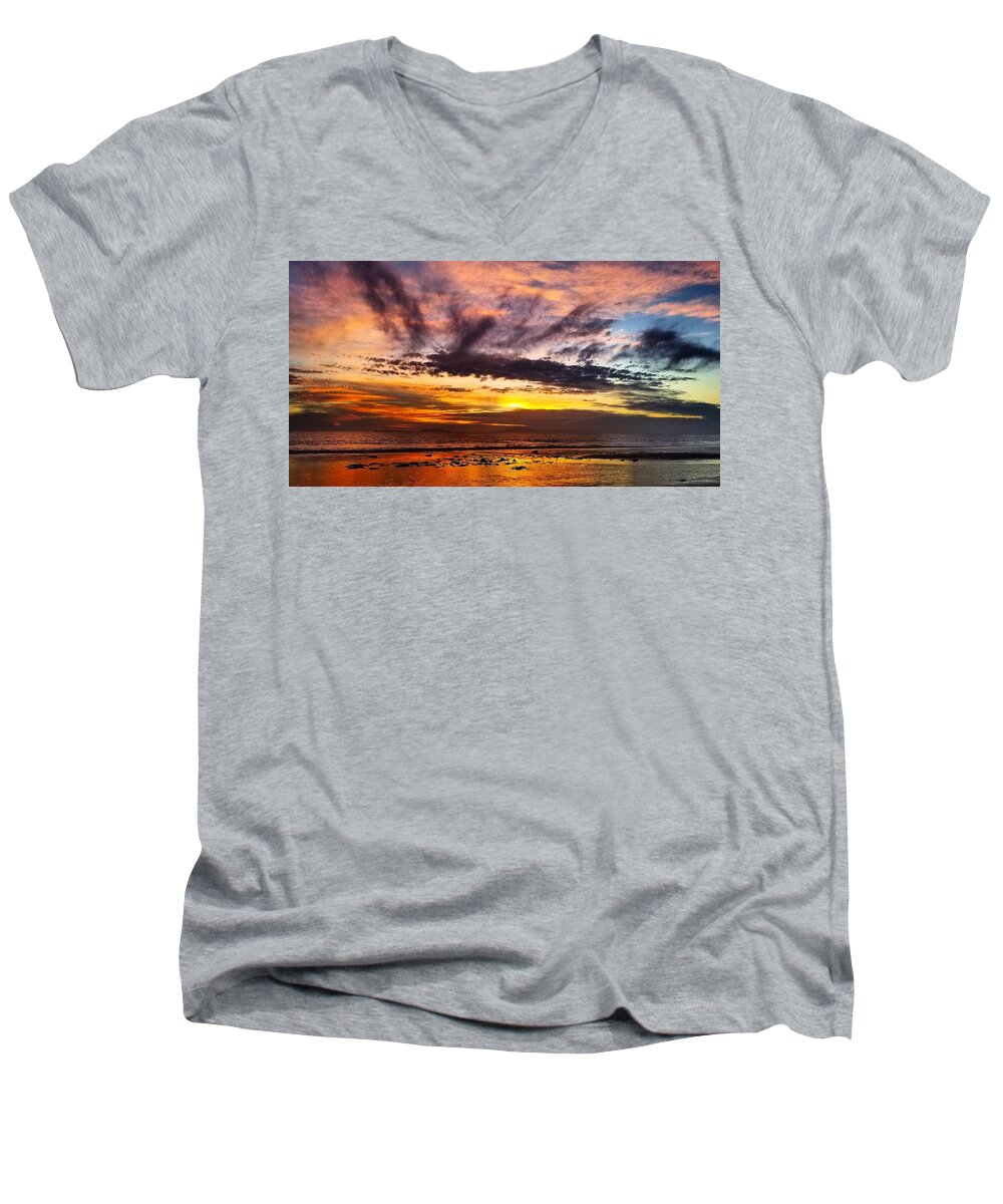 Beach Men's V-Neck T-Shirt featuring the photograph Color Burst Malibu Sunset by Matt Quest