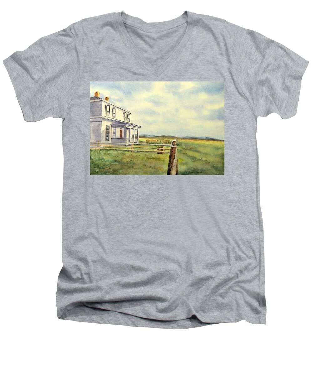 Watercolor Landscape Men's V-Neck T-Shirt featuring the painting Colorado Ranch by Debbie Lewis