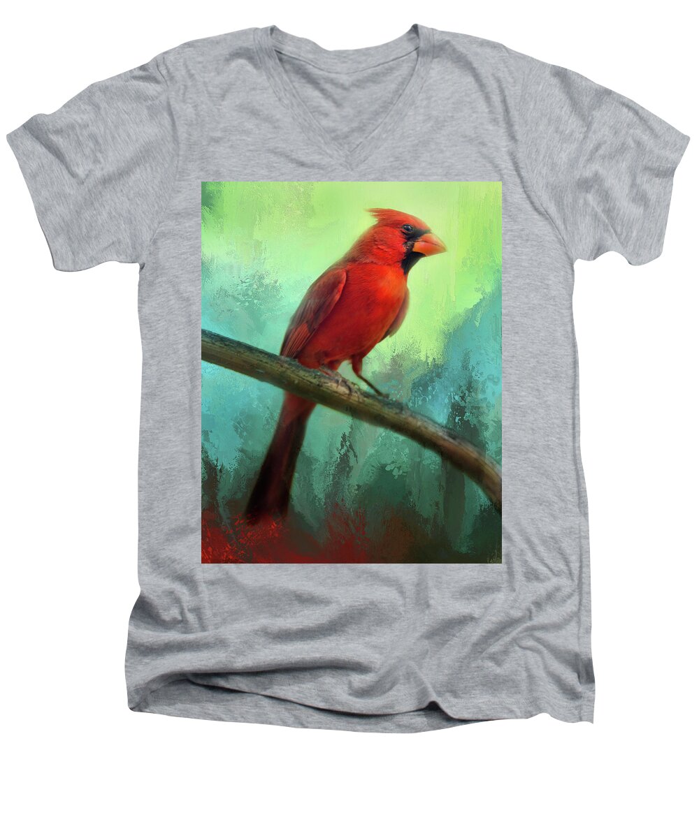 Cardinal Men's V-Neck T-Shirt featuring the photograph Colorful Cardinal by Barbara Manis