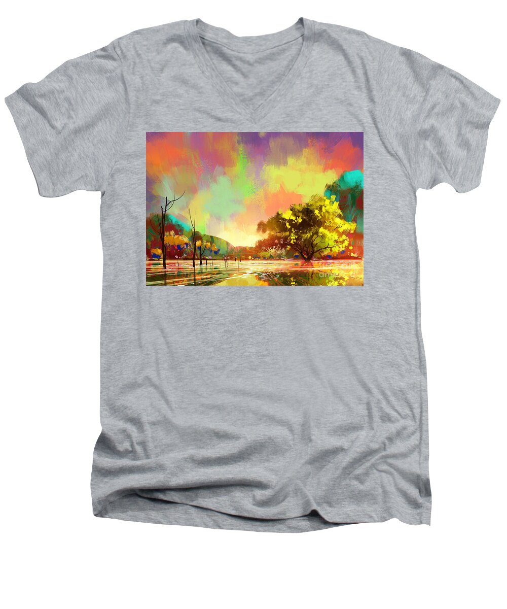 Painting Men's V-Neck T-Shirt featuring the painting Colorful Natural by Tithi Luadthong