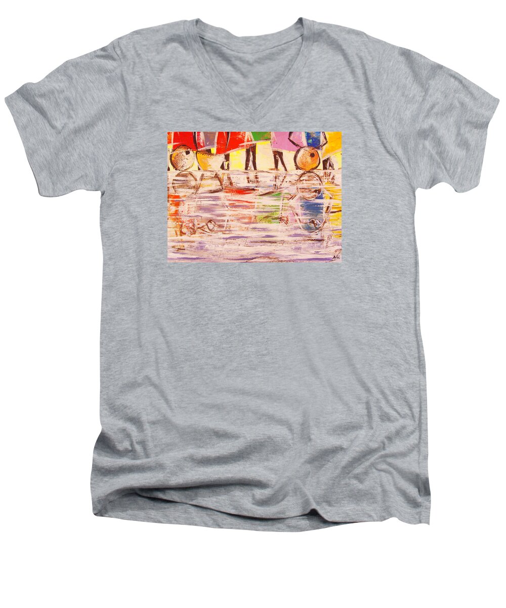 Nii Hylton Men's V-Neck T-Shirt featuring the painting Colorful Reflections by Nii Hylton
