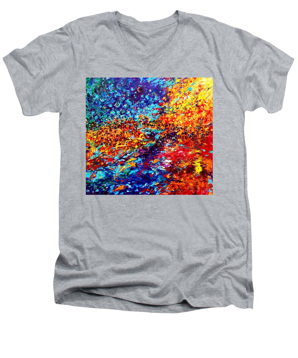Energy Spiritual Art Men's V-Neck T-Shirt featuring the painting Composition # 5. Series Abstract Sunsets by Helen Kagan